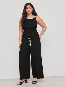 Cider - Boat Neckline Solid Cami Top & High Rise Drawstring Wide Leg Trousers