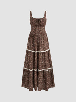 Cider - 100% Cotton Scoop Neckline Floral Lace Trim Knotted Tiered Maxi Dress