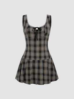 Cider - Square Neck Check Bowknot Pleated Mini Dress