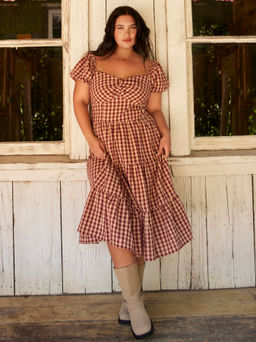 Cider - Cotton-blend Square Neck Gingham Shirred Tiered Midi Dress Curve & Plus