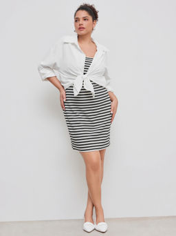 Cider - Striped Tube Mini Dress With Collar Solid Long Sleeve Shirt Curve & Plus