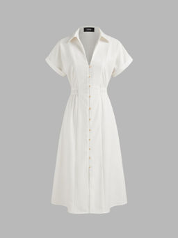 Cider - Linen-blend Collar Solid Shirred Button Midi Shirt Dress