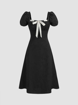Cider - Satin Square Neck Floral Bowknot Midi Dress