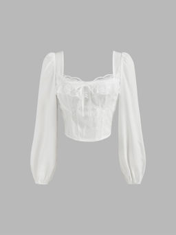 Cider - Square Neck Solid Lace Corset Shirred Knotted Long Sleeve Blouse