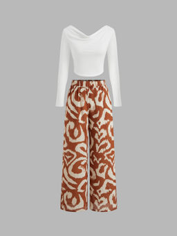 Cider - Cowl Neck Solid Long Sleeve Top & Mid Rise Abstract Graphic Wide Leg Trousers Set