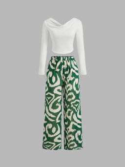 Cider - Cowl Neck Solid Long Sleeve Top & Mid Rise Abstract Graphic Wide Leg Trousers Set