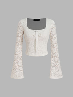 Cider - Lace Square Neck Floral Knotted Bell Sleeve Crop Top