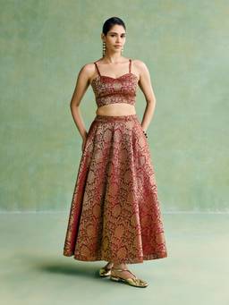 Aarke Ritu Kumar - Maroon Polyester Floral Blouse Lehanga with Dupatta