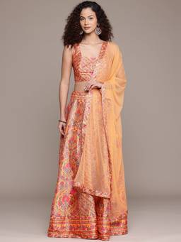 Aarke Ritu Kumar - Yellow Polyester Floral Blouse Lehanga with Dupatta