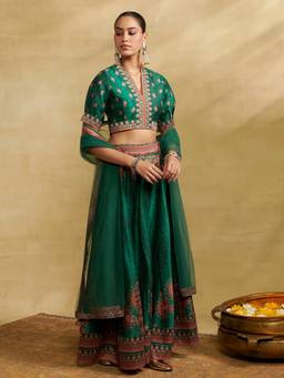 Aarke Ritu Kumar - Green Polyester Paisley Blouse Lehanga with Dupatta