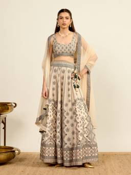 Aarke Ritu Kumar - Off White Polyester Floral Blouse Lehanga with Dupatta