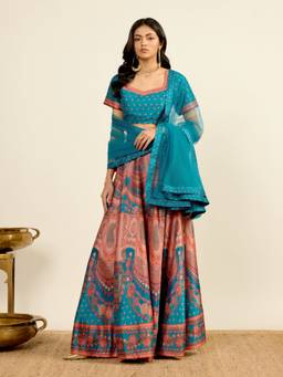 Aarke Ritu Kumar - Teal Polyester Paisley Blouse Lehanga with Dupatta