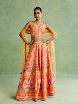 Aarke Ritu Kumar - Yellow Polyester Floral Blouse Lehanga with Dupatta