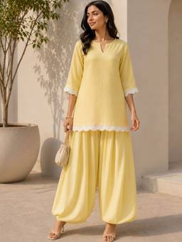 AAREIN - Yellow Polyester Solid/Plain Kurti With Salwar