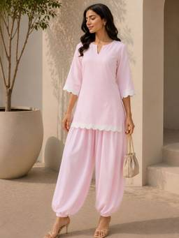 AAREIN - Pink Polyester Solid/Plain Kurti With Salwar