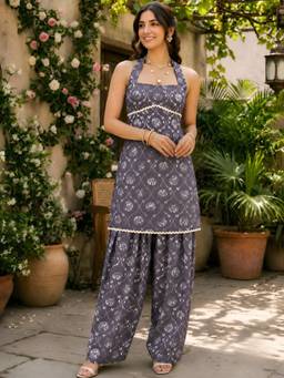 AAREIN - Magenta Polyester Printed Kurti With Farsi Salwar