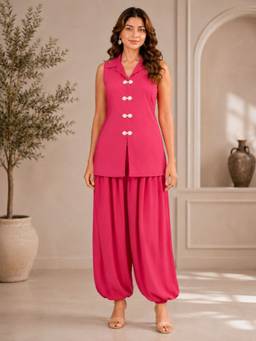 AAREIN - Pink Polyester Solid/Plain Kurti With Salwar