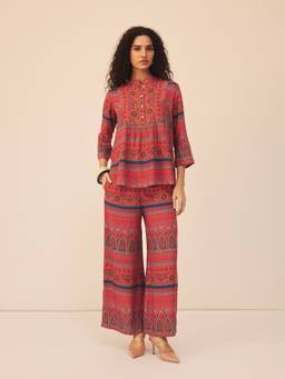 Aarke Ritu Kumar - Red Viscose Floral Co-ord Set