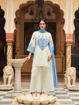 Tikhi Imli - White Cotton Embroidered Kurti Palazzo with Dupatta
