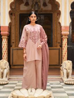 Tikhi Imli - Peach Cotton Embroidered Kurti Palazzo with Dupatta