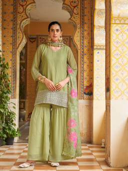 Tikhi Imli - Green Georgette Embroidered Kurti Sharara with Dupatta
