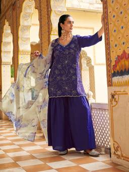 Tikhi Imli - Blue Silk Blend Embroidered Kurti Sharara with Dupatta