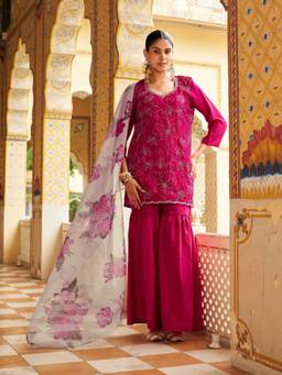 Tikhi Imli - Pink Silk Blend Embellished/Sequined Kurti Sahrara with Dupatta