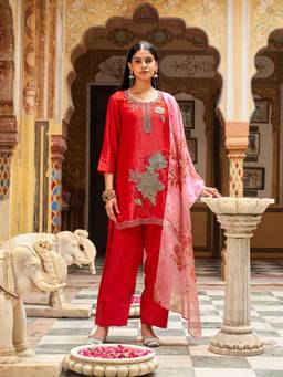 Tikhi Imli - Red Silk Blend Embroidered Kurti Farsi Salwar with Dupatta