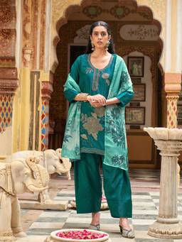 Tikhi Imli - Teal Silk Blend Embroidered Kurti Farsi Salwar with Dupatta