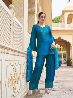 Tikhi Imli - Teal Silk Blend Embroidered Kurti Farsi Salwar with Dupatta