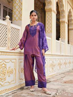 Tikhi Imli - Mauve Silk Blend Embroidered Kurti Farsi Salwar with Dupatta