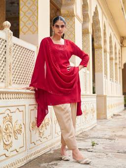 Tikhi Imli - Red Silk Blend Embroidered Kurti Farsi Salwar with Dupatta