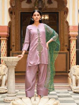 Tikhi Imli - Pink Silk Blend Embroidered Kurti Farsi Salwar with Dupatta