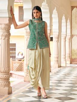 Tikhi Imli - Green Silk Blend Embroidered Kurti Skirt with Dupatta