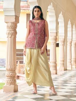 Tikhi Imli - Pink Silk Blend Embroidered Kurti Skirt with Dupatta