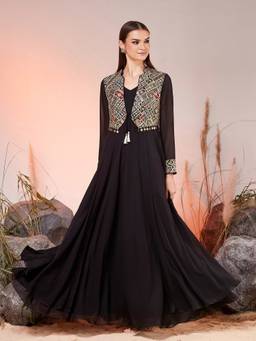 Miss Chase - Black Georgette Embroidered Maxi Ethnic Dress