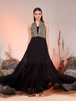 Miss Chase - Black Georgette Embroidered Maxi Ethnic Dress
