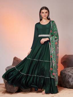 Miss Chase - Green Chinon Solid/Plain Maxi Ethnic Dress With Dupatta