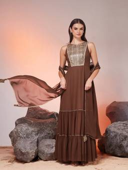 Miss Chase - Brown Georgette Embroidered Maxi Ethnic Dress With Dupatta
