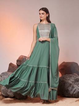 Miss Chase - Green Georgette Embroidered Maxi Ethnic Dress With Dupatta