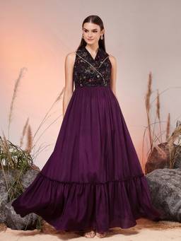Miss Chase - Purple Chinon Embroidered Maxi Ethnic Dress