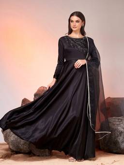 Miss Chase - Black Chiffon Embroidered Maxi Ethnic Dress With Dupatta