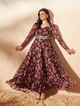 Miss Chase - Burgundy Chiffon Floral Maxi Ethnic Dress