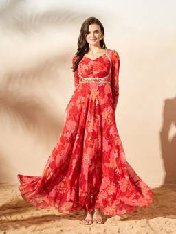 Miss Chase - Red Chiffon Floral Maxi Ethnic Dress