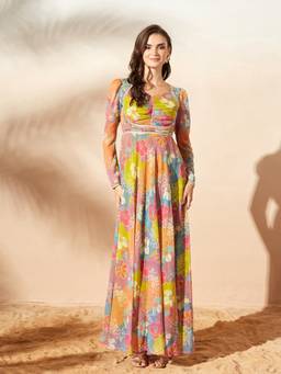 Miss Chase - Lavender Chiffon Floral Maxi Ethnic Dress