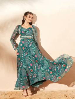 Miss Chase - Green Chiffon Floral Maxi Ethnic Dress