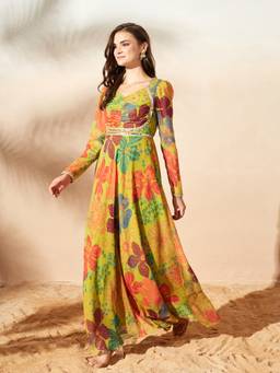 Miss Chase - Green Chiffon Floral Maxi Ethnic Dress
