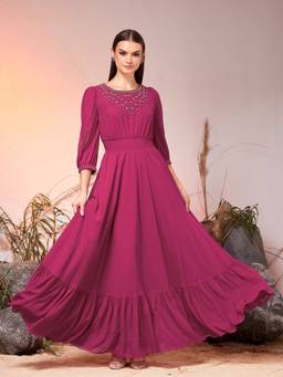 Miss Chase - Pink Georgette Embroidered Maxi Ethnic Dress