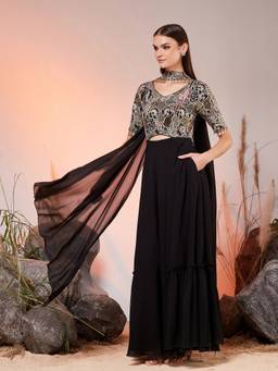 Miss Chase - Black Georgette Embroidered Maxi Ethnic Dress with Dupatta