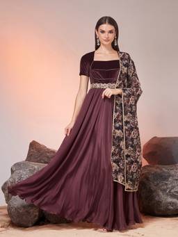 Miss Chase - Mauve Chiffon Solid/Plain Maxi Ethnic Dress with Dupatta